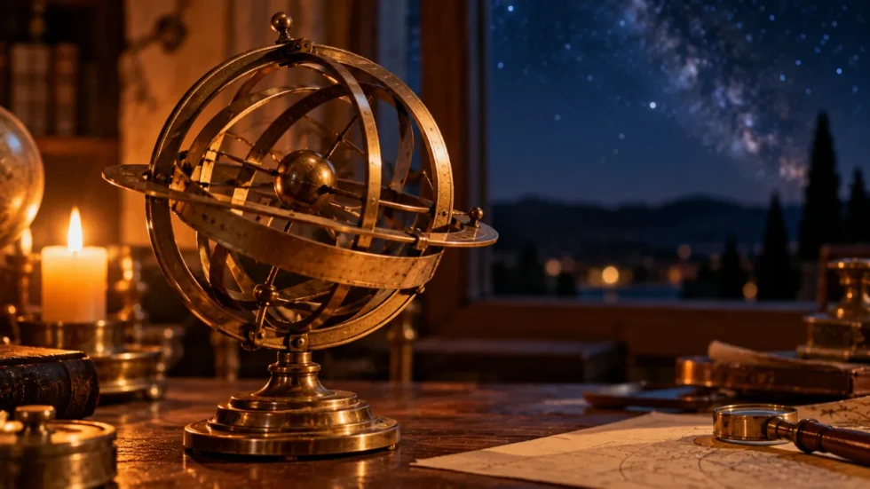 Horoskop November 2026: Armillarsphäre aus Messing vor dem Sternenhimmel