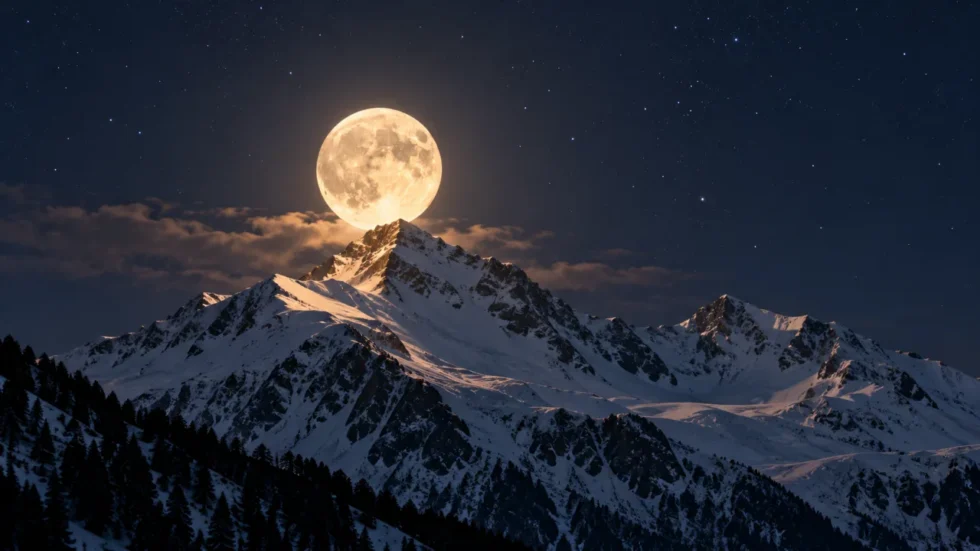 Horoskop November 2026: Vollmond über einem verschneiten Gipfel in den Alpen