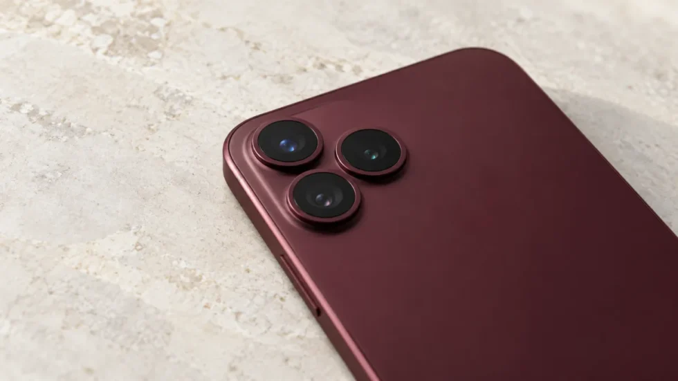 iPhone 18 Pro: R&uuml;ckseite eines Smartphones in Burgunder mit drei Kameras