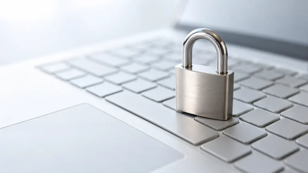 KI in Schweizer Unternehmen: Schloss-Symbol und Laptop für Datenschutz
