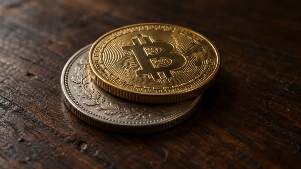 Krypto-Regulierung Schweiz: Bitcoin-M&uuml;nze auf einem F&uuml;nfliber