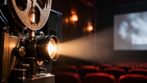 Kurzfilmtage Winterthur 2026: Objektiv eines Filmprojektors mit Lichtstrahl