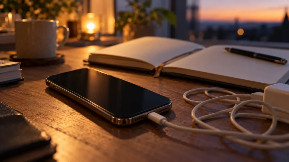 Merkur rückläufig 2026: Smartphone mit Ladekabel auf einem Schreibtisch in Nahaufnahme