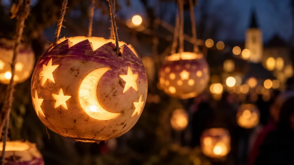 Räbechilbi 2026: geschnitztes Räbeliechtli mit Mond und Sternen in Nahaufnahme