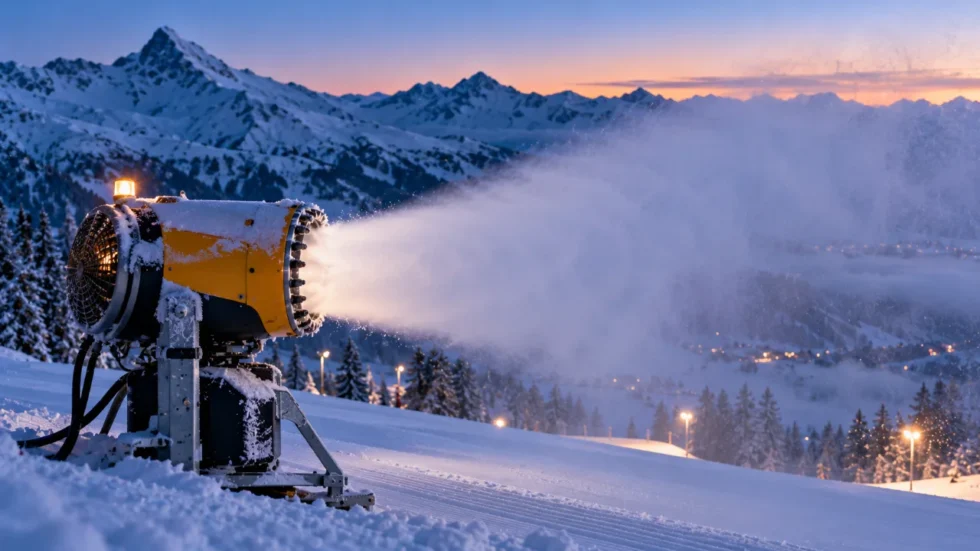 Skisaison 2026/27 Schweiz: Schneekanone beschneit eine Piste im Morgenlicht