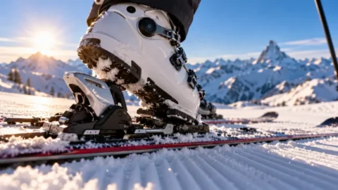 Skisaison 2026/27 Schweiz: Skischuh rastet auf einer Gletscherpiste in die Bindung ein