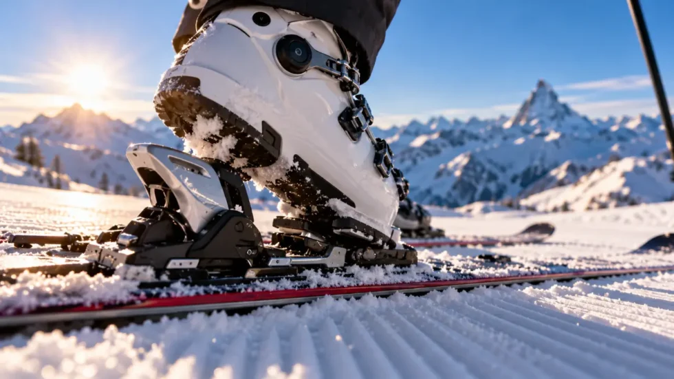 Skisaison 2026/27 Schweiz: Skischuh rastet auf einer Gletscherpiste in die Bindung ein