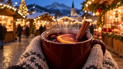 Weihnachtsm&auml;rkte 2026 Schweiz: Gl&uuml;hwein in Handschuhen vor beleuchteten Marktst&auml;nden