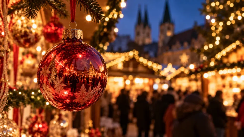 Weihnachtsmärkte 2026 Schweiz: rote Glaskugel an einem Marktstand