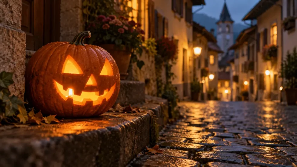 Wochenende 31. Oktober 2026: leuchtender Halloween-K&uuml;rbis in einer Altstadtgasse