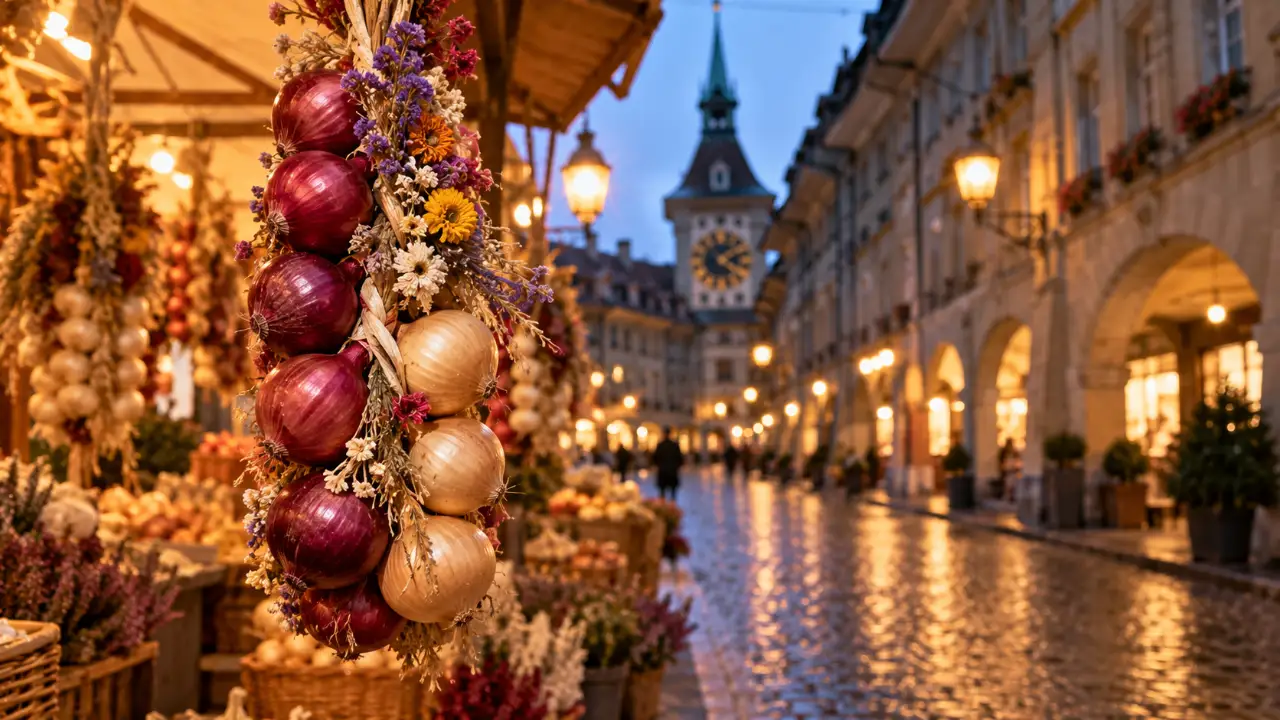 Zibelem&auml;rit 2026: Zwiebelzopf an einem Marktstand in der Berner Altstadt