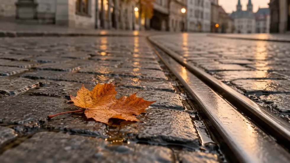 Z&uuml;rich am Wochenende 24. und 25. Oktober 2026: Herbstblatt auf Kopfsteinpflaster neben Tramschiene